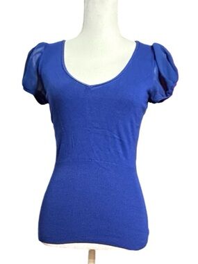 Express Cobalt Blue Scoop Neck Sheer Puff Sleeve Knit Top XS